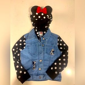 DISNEY | Jean Jacket Minnie Mouse Ears Hood SZ 6 polka dot sleeves Zip OR Button